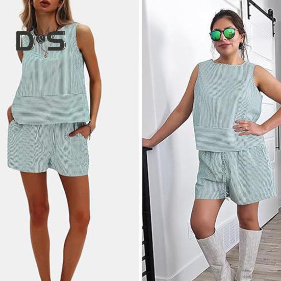 Γυναικεία καλοκαιρινά 2 τεμάχια, σετ αμάνικα σορτς με φανελάκι, casual ριγέ φόρμα, σετ για διακοπές και παραλία, ασορτί σετ
