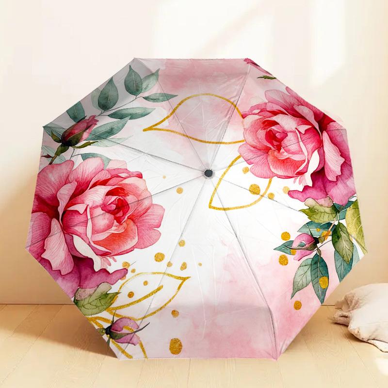 1pc Rose Floral Automatic Folding Umbrella, Heavy Duty 8 Rib Iron Frame,  Suitable for Travel, Daily Use, Birthday, Decor Gift m0104041