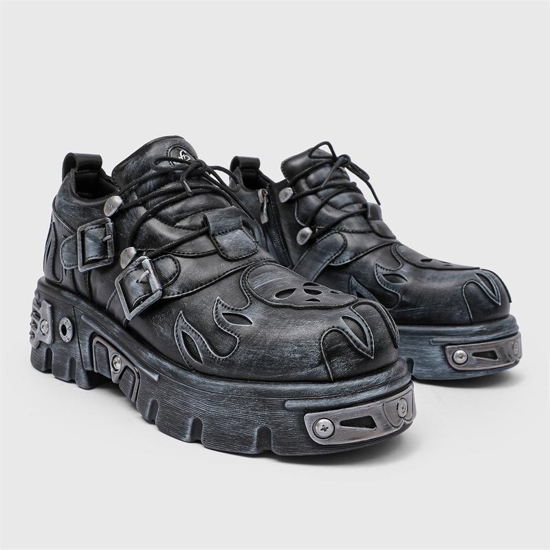 Fashion High Quality Men Leather Shoes Metal Punk Shoes Men Gothic Sneakers Black Street Botas Mujer Botines Unisex Oxford Shoe