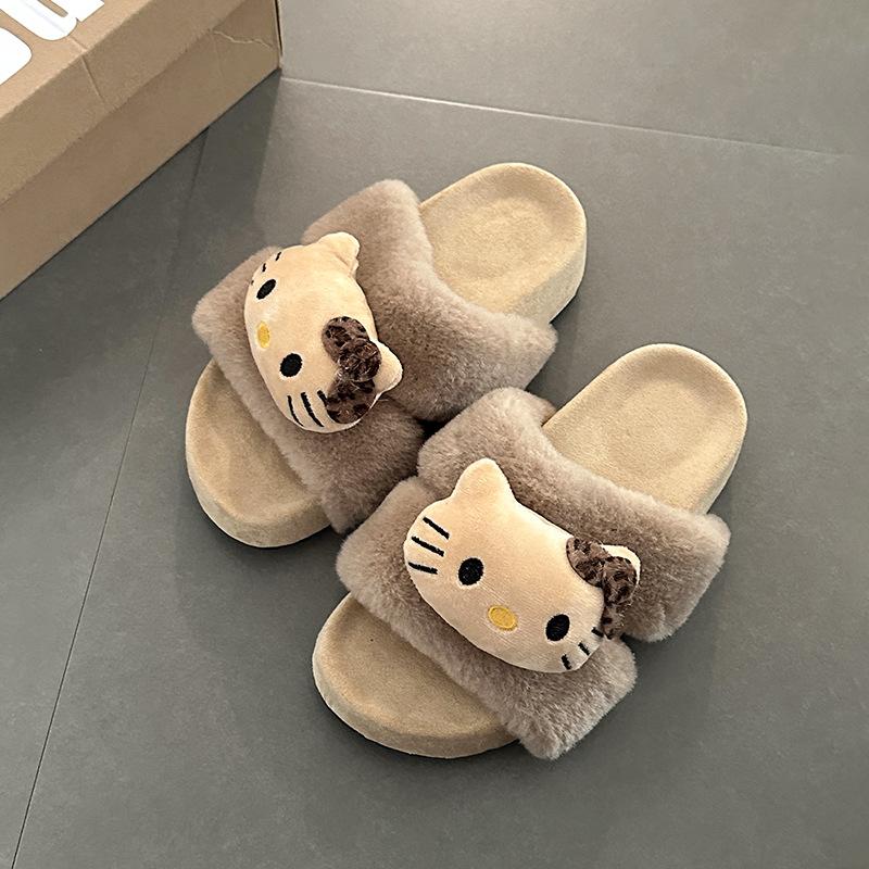 Urocze kreskówkowe puszyste buty Hello Kitty dla kobiet na jesień i zimę 2025, nowe ciepłe i aksamitne bawełniane kapcie na grubej podeszwie
