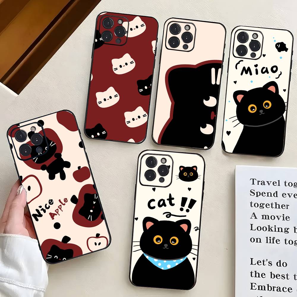 Cute Little Cat Phone Case For IPhone 17 Air 16 15 14 13 Pro Max 11 12 Black Silicone Cover