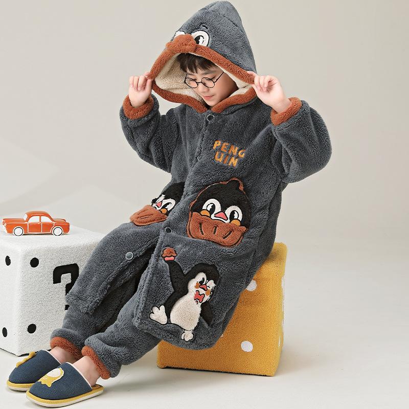 Kids Flannel Pajamas Set Boys Girls Warm Long Sleeve Top And Pants Sleepwear Winter Home Nightwear