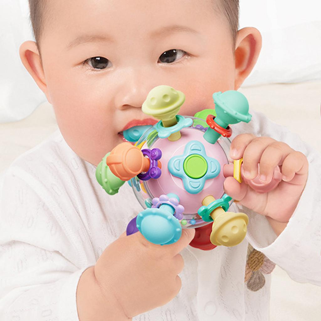 Baby Sensory Teether Toy Early Education Grip Training Developmental Ball Rattle Chew Toy for Infants 3 To 6 Months Pink