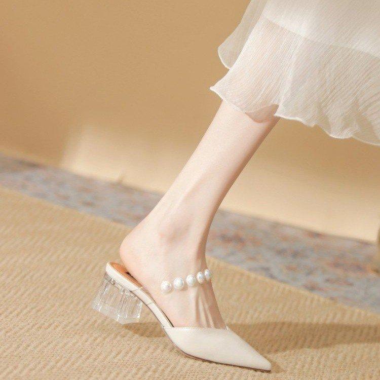 Summer transparent thick heel medium heel slippers year French bag head drag pointed sandals one word belt outside wear single shoes