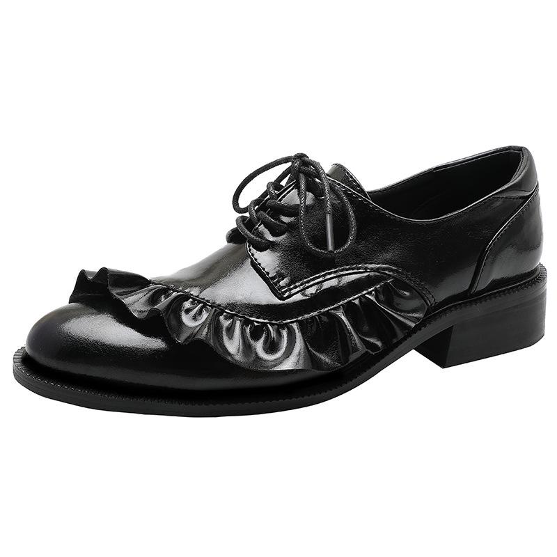 

Модные туфли из овчины с темными оборками и шнуровкой на массивном каблуке - Европейский и американский дизайн 41 чёрный