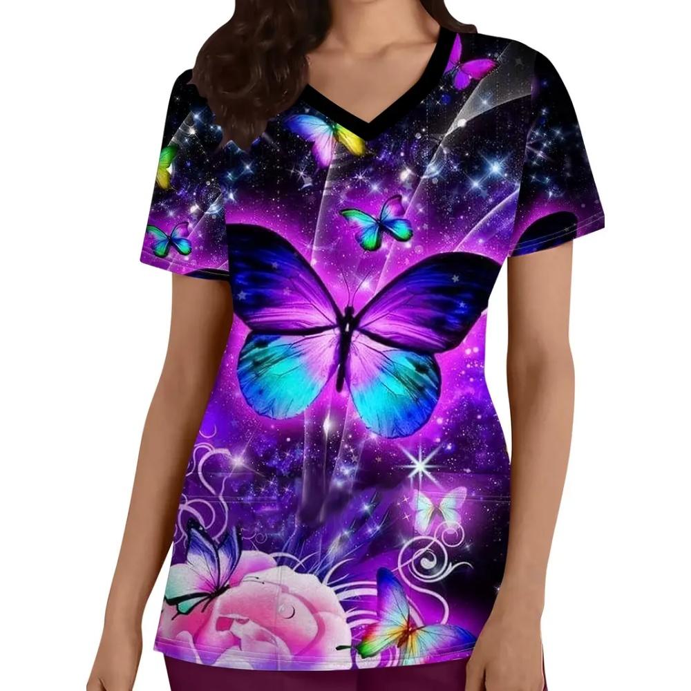 Klinisk Uniform Dame Mote Sommer V-Hals Tannlege Dame Skrubb Mikrostretch Kort Erm Sykepleieruniform Dame