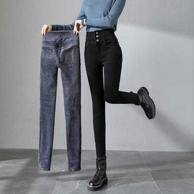 Dames Stretch Knoop Potlood Broek Casual Velvet Jeans Thermisch Winter Dik Fleece Hoge Taille Warme Skinny Jeans