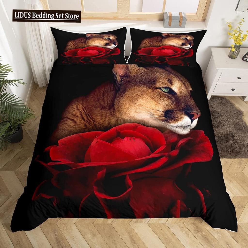 Lion Rose Duvet Cover Sets King Size Animal Floral Print Polyester Comforter Cover Nature Theme Bedding Set For Kids Adult Teens