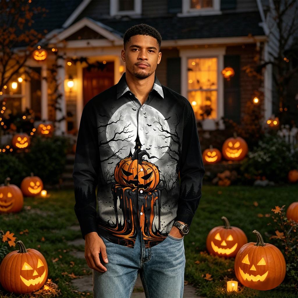 Men's Long Sleeve Button Down Shirt with Halloween Print for Costume Party