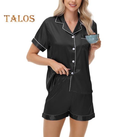 2-teiliges Pyjama-Set, Satin, einreihiges Cardigan-Hemd, V-Ausschnitt, Reverskragen, einfarbiges Hemd mit Brusttasche, lockere Shorts, Nachthemd, Nachtwäsche