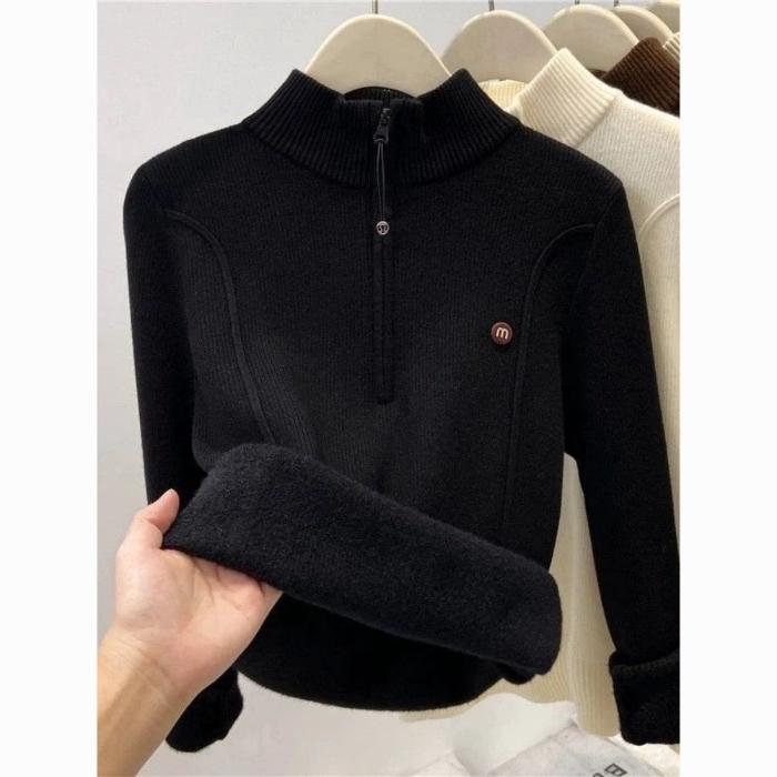 

Осень Зима Женский Утепленный Свитер со Стойкой Воротником, Полуоткрытый Воротник на Молнии, Бархатный, Теплый, С Высоким Воротником, Пуловер One Size чёрный