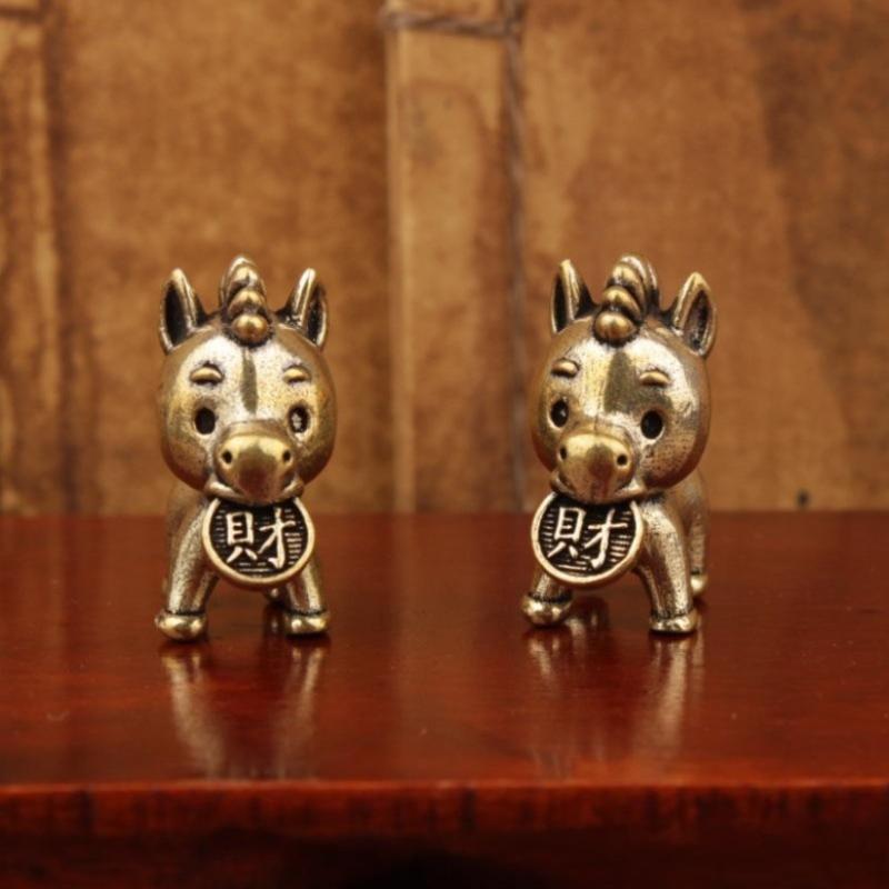 Brass Horse Statue Ornament Chinese Zodiac Horse Figurine Cute Horse Bit Coin Feng Shui Mini Home Desktop Decoration Crafts