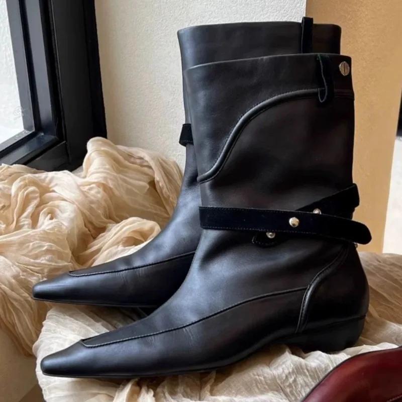 Fashion 2025 Winter New Suede Ankle Boots Women Fashion Retro Pointed Toe Belt Buckle Design Wedge Cowboy Boots Botines Para Mujeres