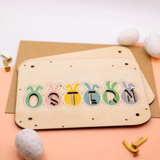 Wooden Easter Greeting Card Handmade OSTERN Rabbit Ear Colorful Egg Decoration Sign