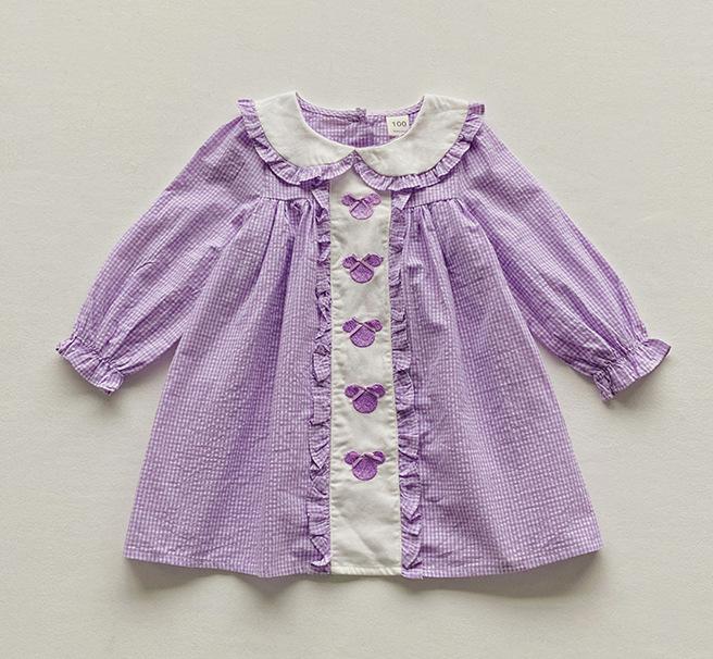Spring Girls Plaid Dress With Cartoon Embroidery Peter Pan Collar And Bow Long Sleeve Princess Dress For Kids