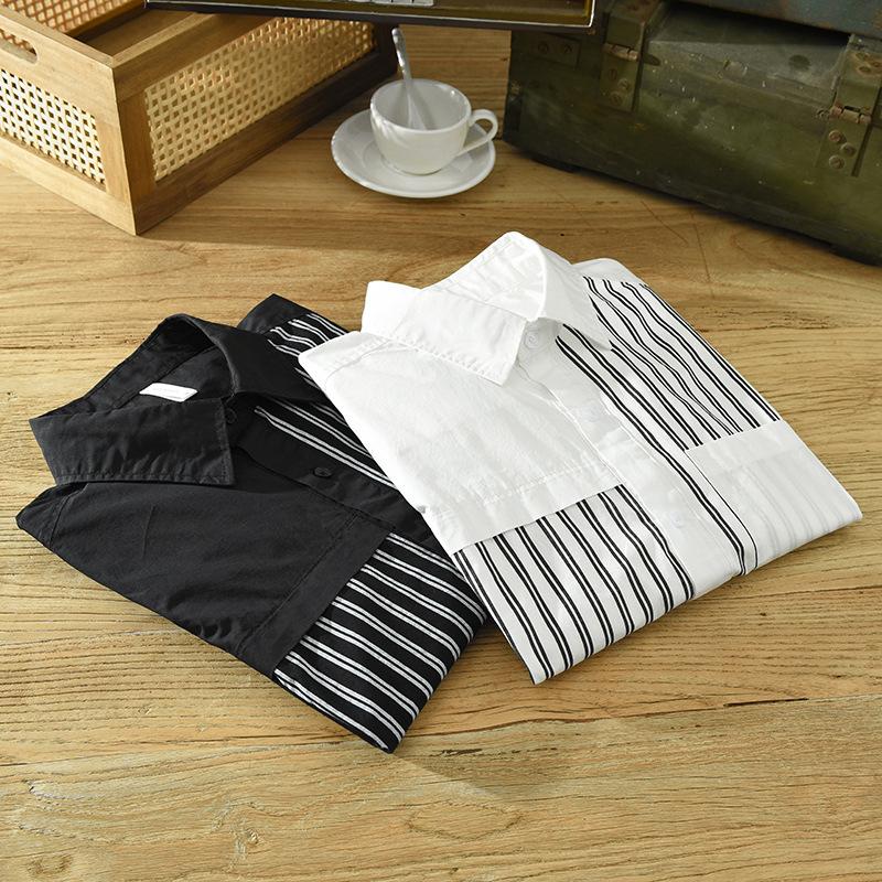 Spring Summer100 Cotton Long Sleeve White Shirt Men Square Patchwork Striped Shirt Korean Fashion Mens Shirt Daily Casual Tops