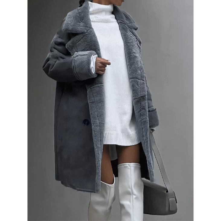 

Элегантное женское винтажное пальто классического кроя с лацканами для осенне-зимних прогулок L серый