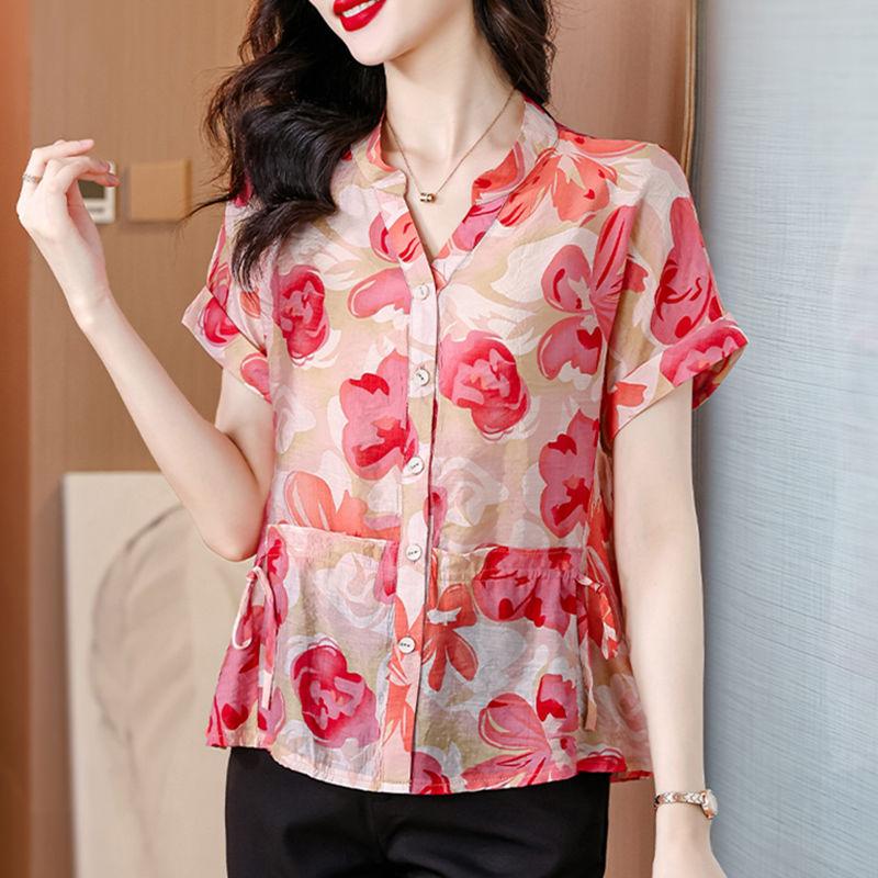 Summer Floral Blouse Women Loose Fit Slimming Beautiful Stylish Short Sleeve Shirt