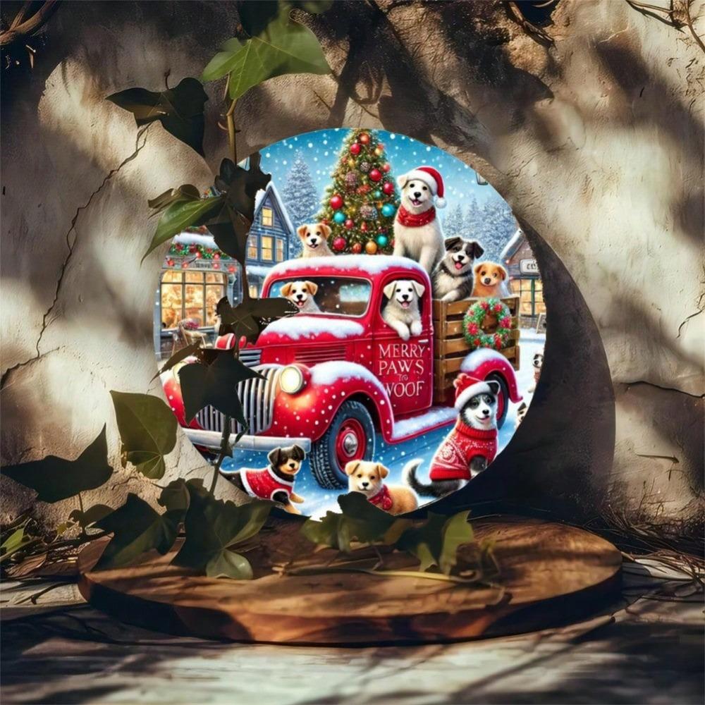 Vintage Red Truck Dogs Christmas Iron Wall Art Round Holiday Home Decor