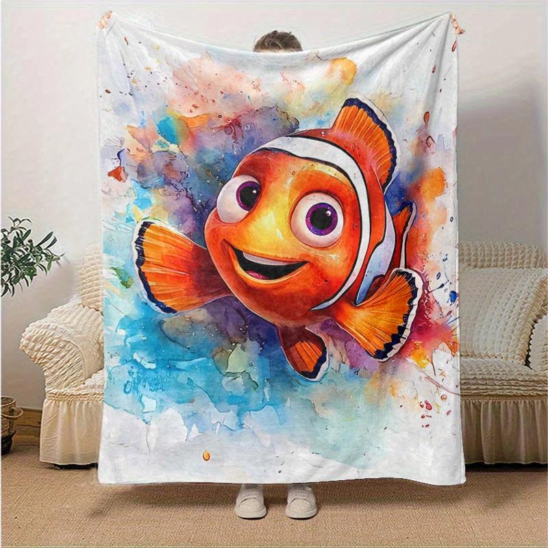 1pc, Vibrant Clownfish Watercolor Art Blanket - Seasonal Decorative Throw for Home, Soft Flannel Throw Blanket - Versatile & Cozy for Bedroo