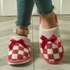 Cozy Checkered Slip-On Slippers with Bow Soft Indoor Slippers Checkered Pattern Knit Construction Slippers for Indoor Use