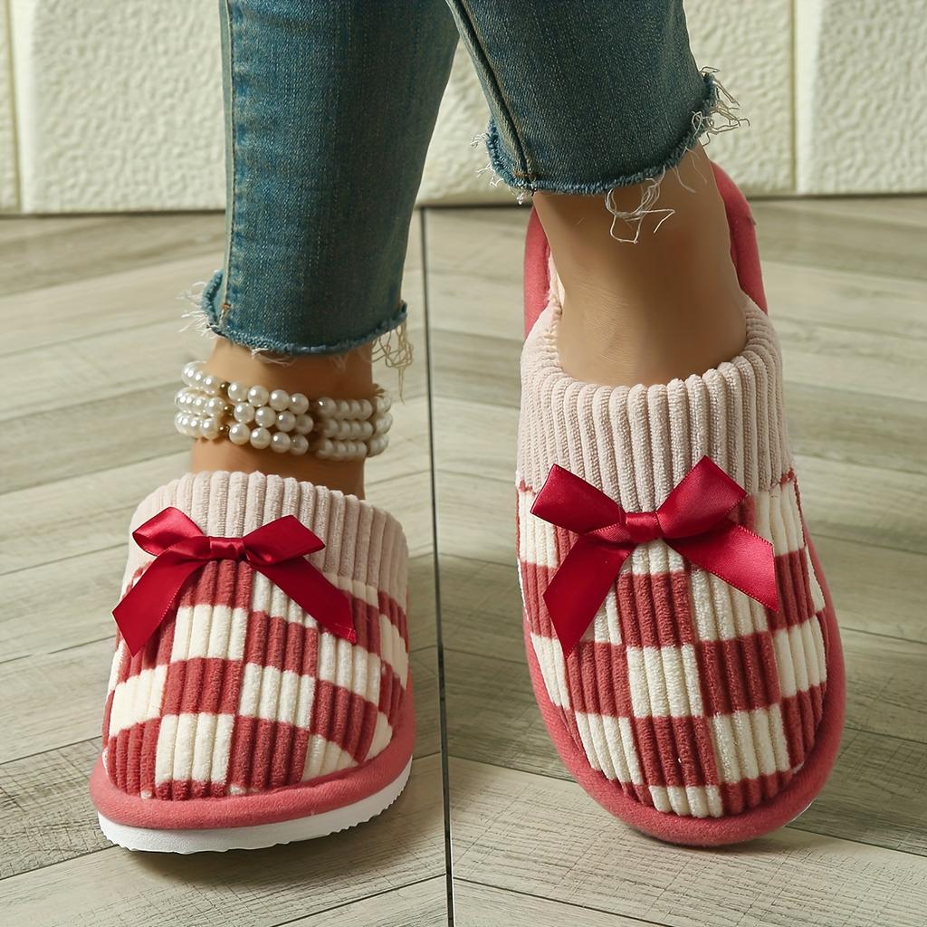Cozy Checkered Slip-On Slippers with Bow Soft Indoor Slippers Checkered Pattern Knit Construction Slippers for Indoor Use