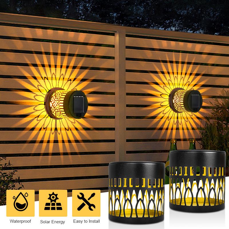 2Pcs Solar Fence Lights Metal Solar Powered Outdoor Wall Deck Step Lights Mandala Theme Waterproof Fence Light for Garden Decor