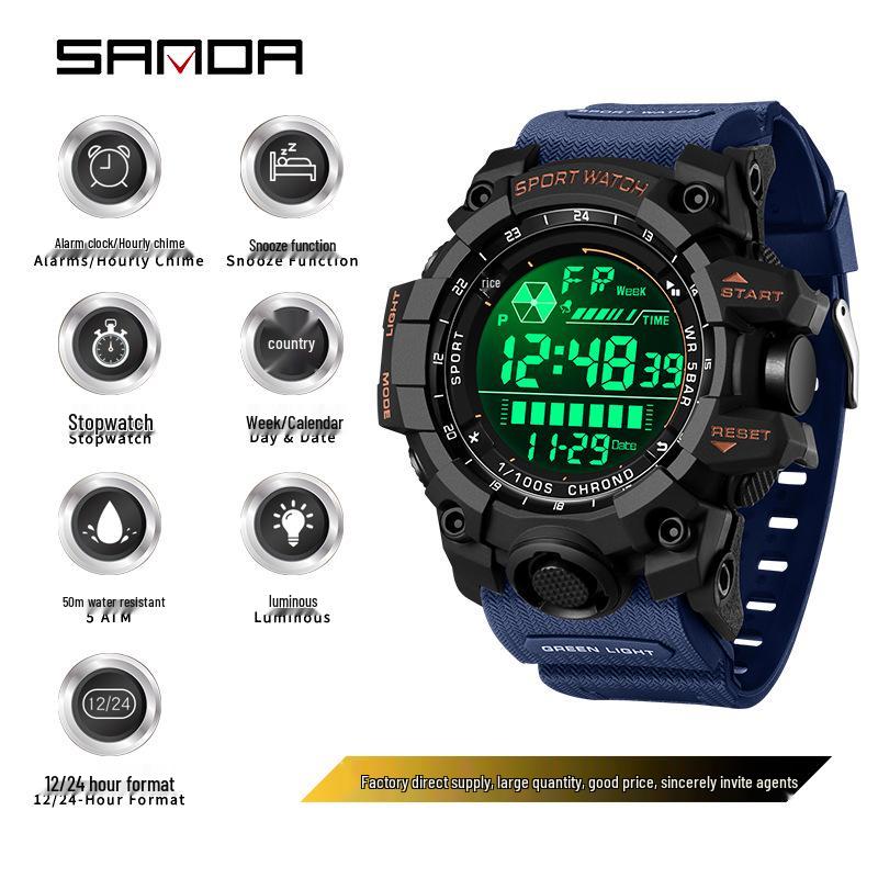 Sanda Student Sports Watch - Hot Selling Waterproof Multifunction with Snooze Alarm & Single Display.