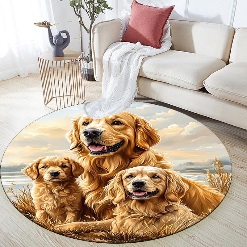 Golden Retriever Round Area Rug,Carpet Rug for Living Room Bedroom Sofa Playroom Decor,Non-slip Floor Mat