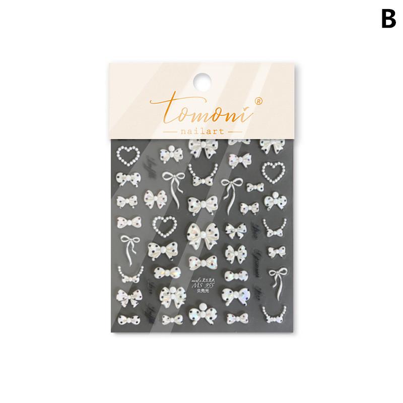 Heart Pearl Nail Stickers Small Fresh White Bow Ribbon Nail Charms Stickers Self Adhesive Nails 3D Decorations Parts Diy Decals B