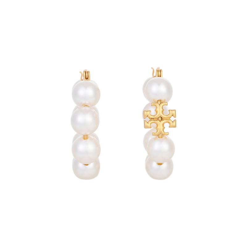 TORY BURCH Simple and stylish double TLogo hoop brass earrings for women 140674-960-White F белый