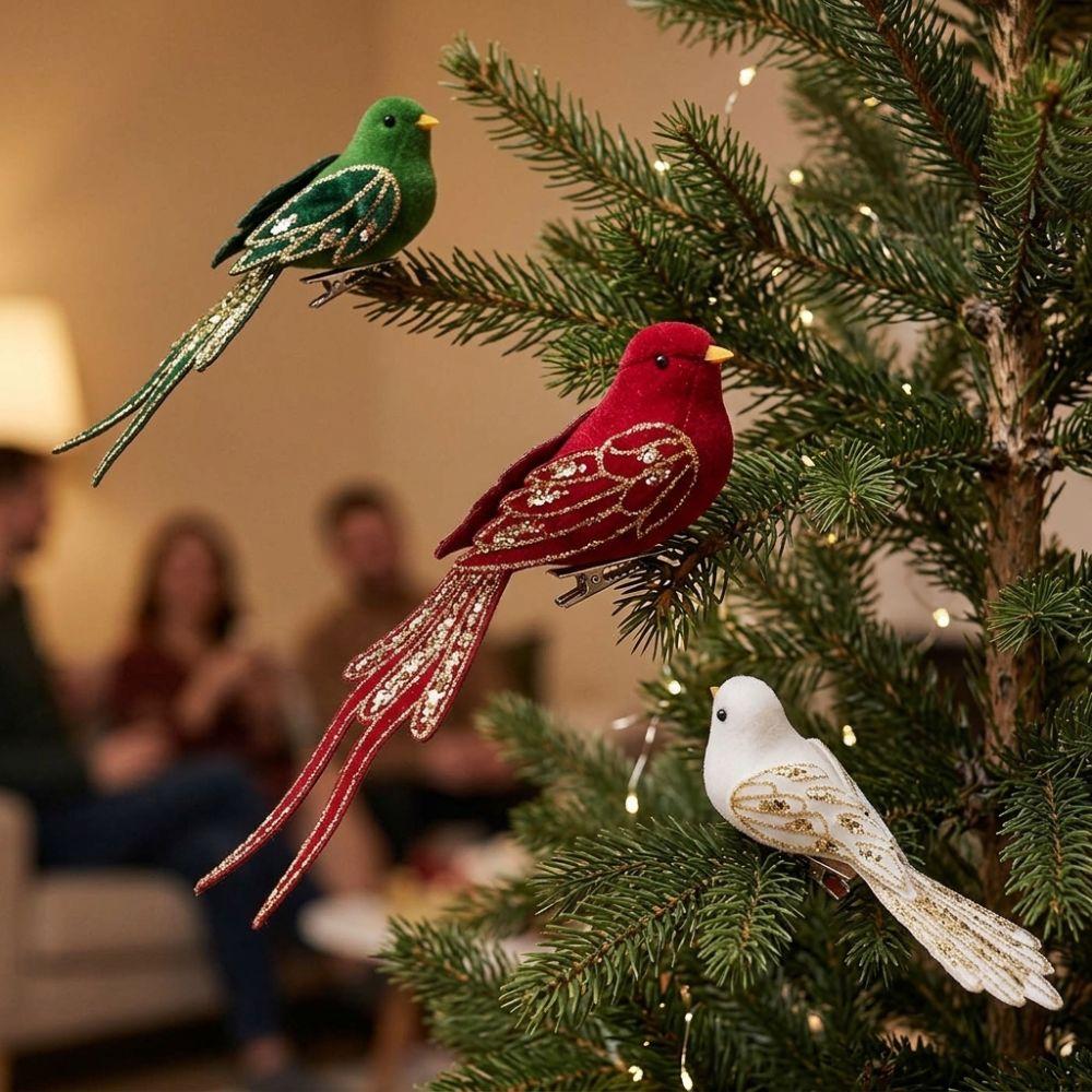 Soft Fluffy Glitter Christmas Bird Clip Ornament Artificial Spread-Wing Bird Home Decor