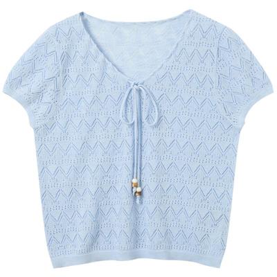 Sancai 2026 Sommer V-Ausschnitt Lochmuster Kurzarm Pullover