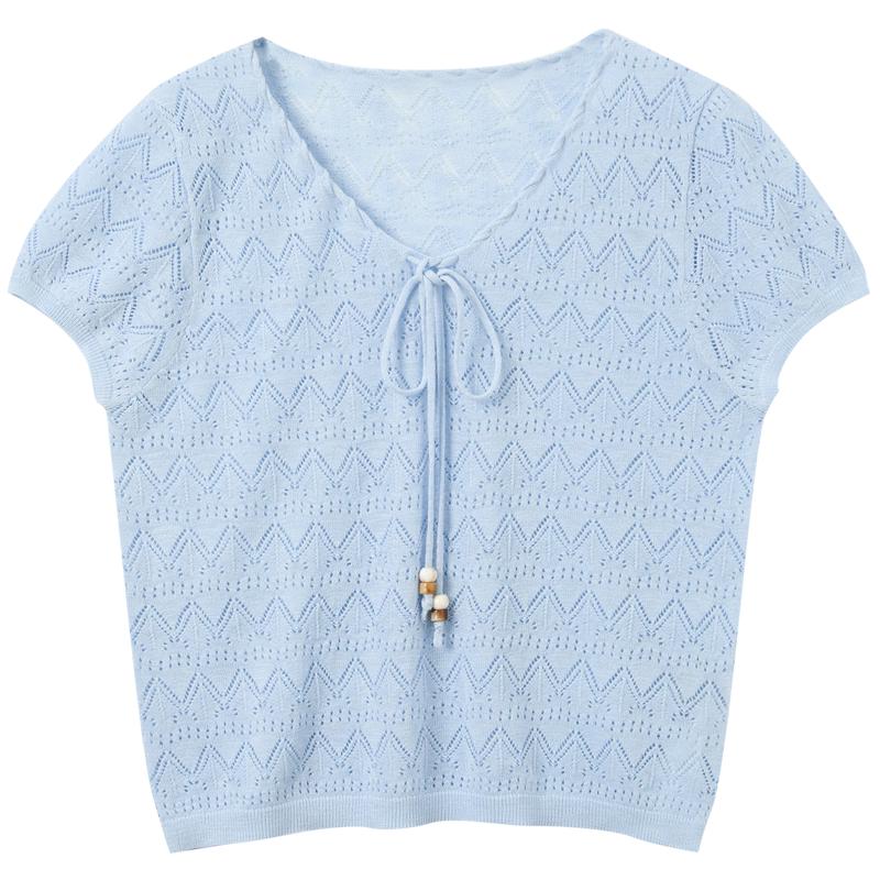 Sancai 2026 Summer V-Neck Hollow Knit Short-Sleeve Pullover S