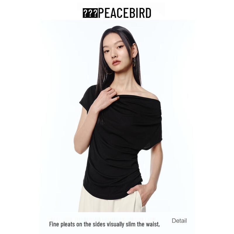 PEACEBIRD Women s Draped Collar Shirred Waist Short Sleeve T-Shirt M