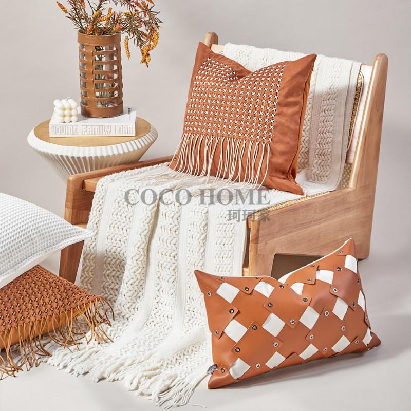 Modern Orange Leather Accent Pillow With Tassel Trim Geometric Decorative Cushion Cover Living Room Bedroom Sofa