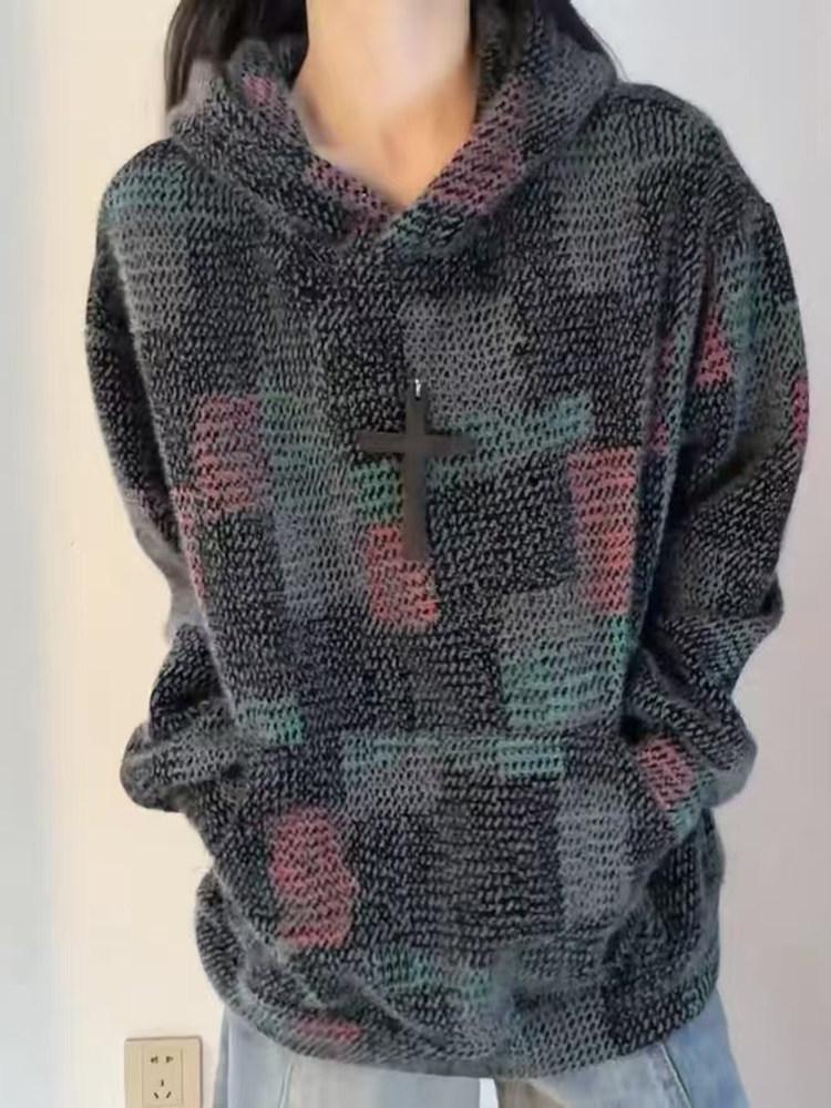 Herrvinterhuvtröja i mocka och stickat, retrodesign med rutmönster