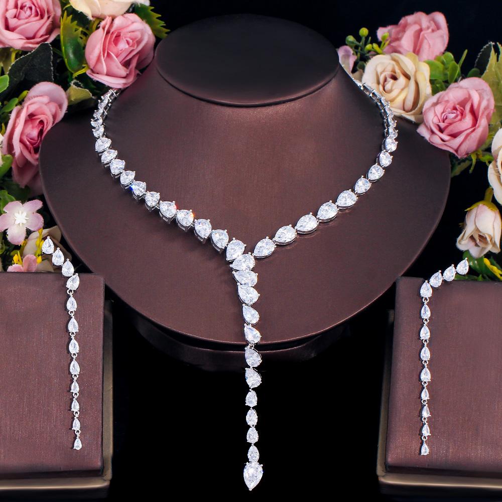 Luxury Green White Colour Zircon Water Drop Pendant Long Earrings Y Shape Necklace Women Party Tennis Necklace Chain Jewelry Set