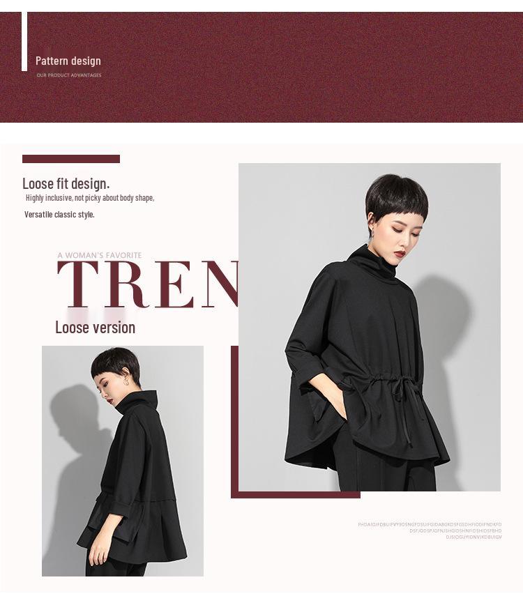 Trendiges Damen Oberteil im europäischen und amerikanischen Stil, dunkel, langärmlig, mit Kordelzug in der Taille - Frühling/Herbst