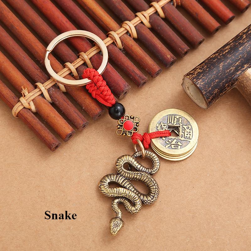 Pure Brass 12 Zodiac Keychain Pendant Five Emperors Money Lucky Key Ring Accessories Creative 3D Birth Year Women Men Bag Pendant New Year's Day Gifts