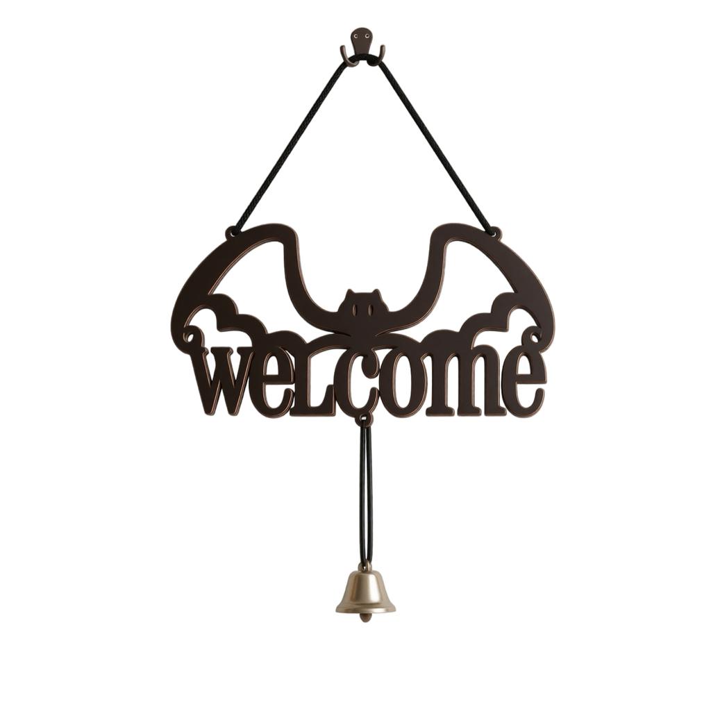 2D Halloween Wooden Door Hanger with and Cutout Design, Welcome Sign with Bell for Home Decor