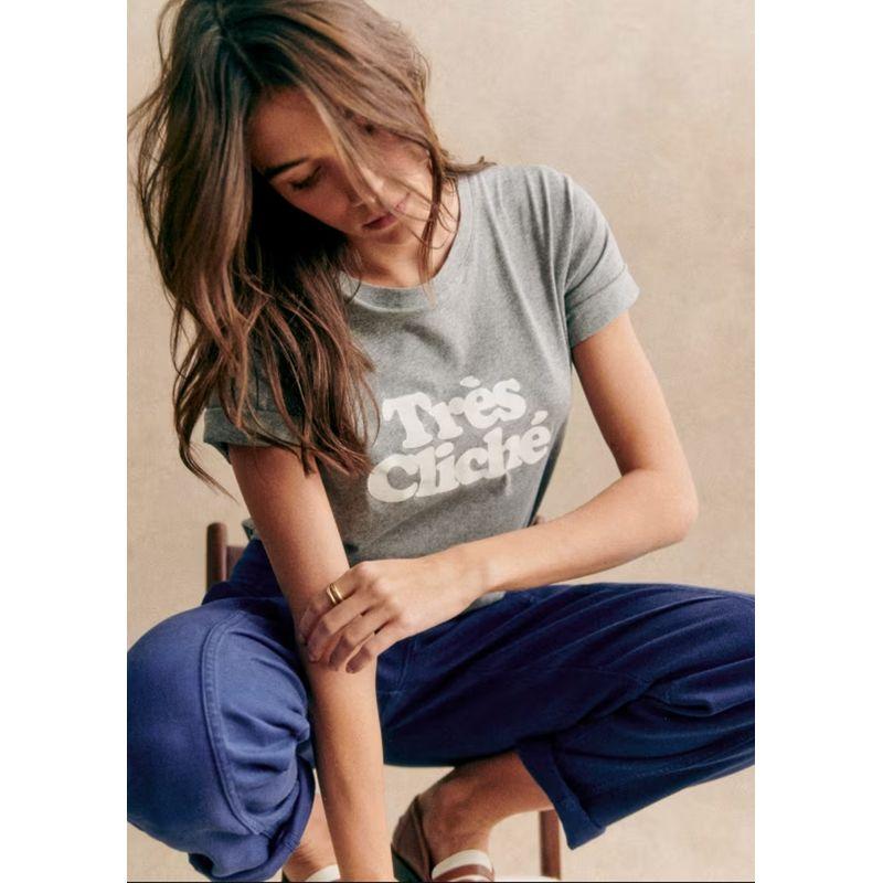 

Export French Women s Cotton round Neck Short Sleeve Organic Cotton Printing Heavy Weight T-shirt Basic Style French Pure Cotton Base Light gray S