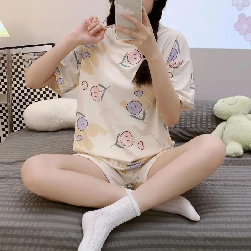 Damen-Schlafanzug in Übergröße, kurze Ärmel und Shorts, Nachtwäsche für Studenten, Homewear-Set, Rundhalsausschnitt, bedruckt, Cartoon-Nachtwäsche, Loungewear