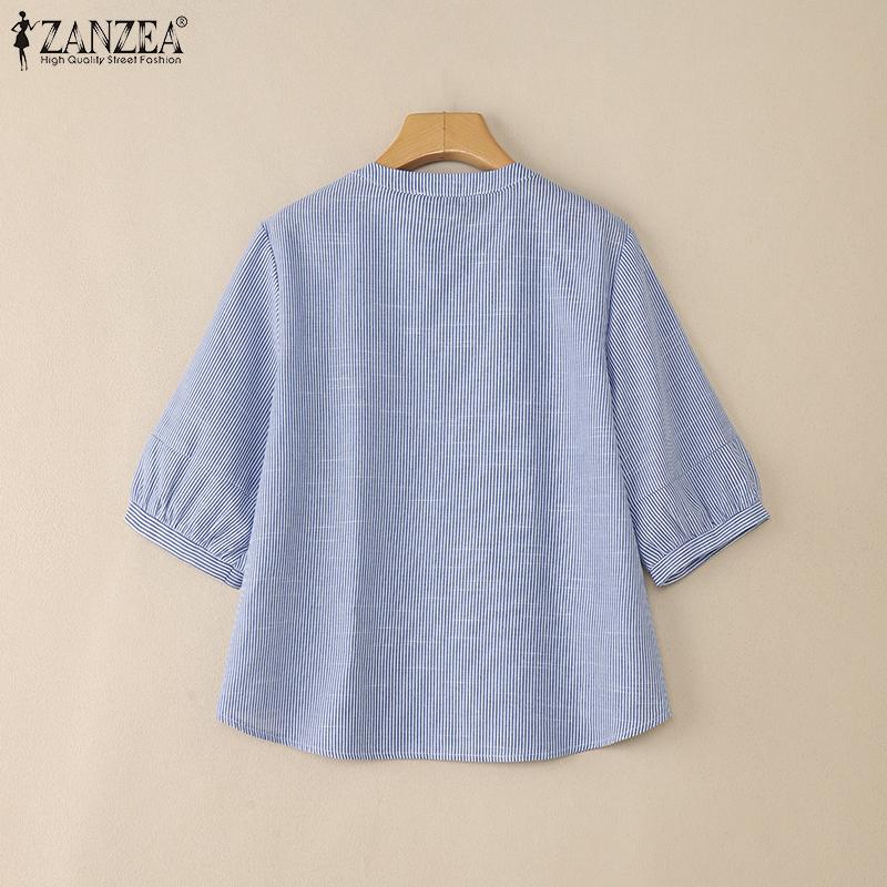 ZANZEA Damen Sommer Rundhals Halbarm Lässige Streifenbluse