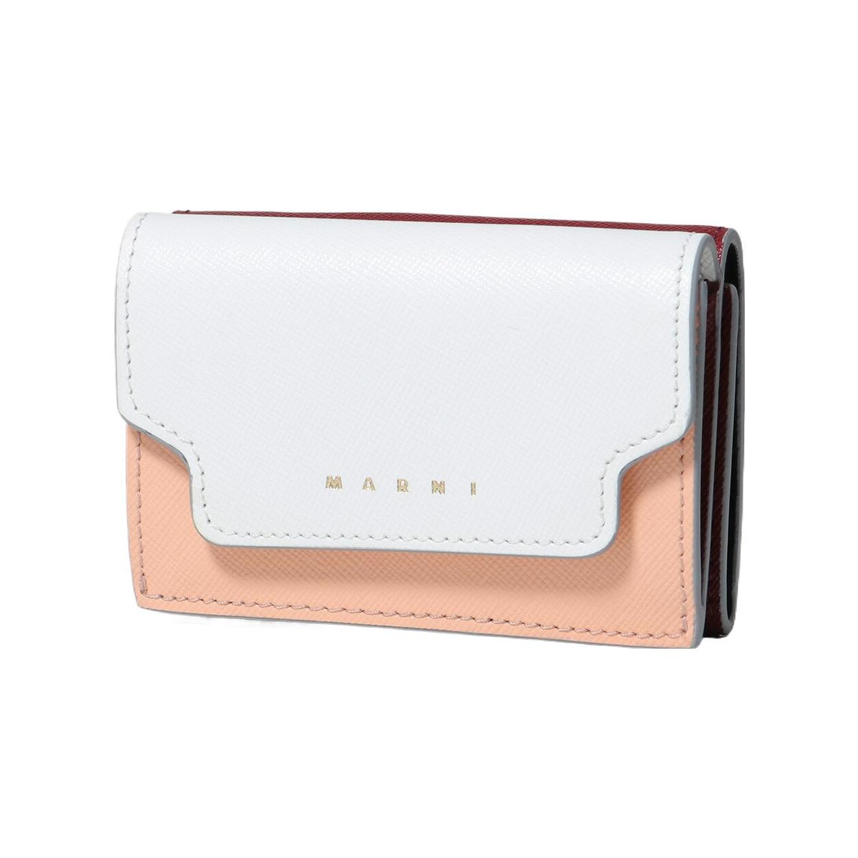 Marni Printed Logo Color Block Three-Fold Leather Wallet Women wallet White Pink PFMOW02U23LV520Z539G Basic Set (Bag+Dust Bag)