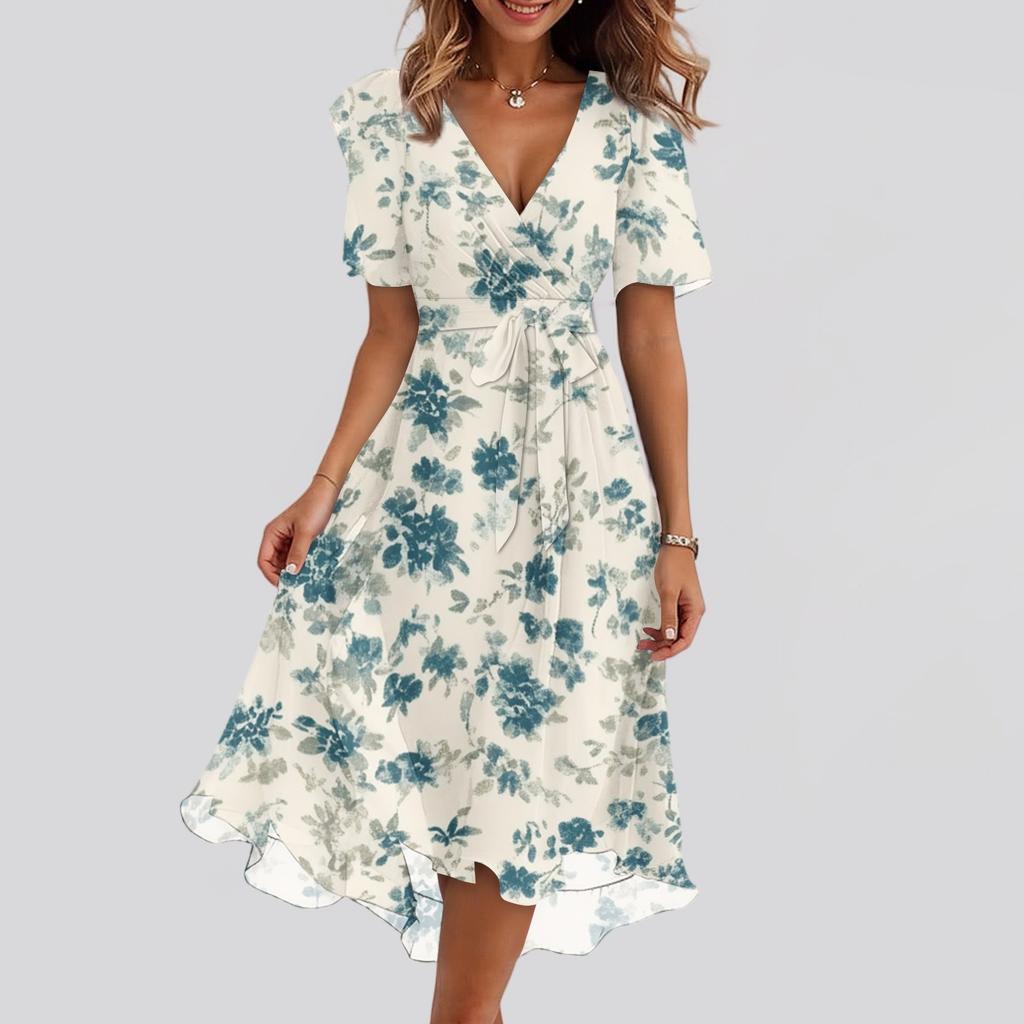 Women's Fashion Casual V Neck Short Sleeve Ruffled Vintage Printed Dresses