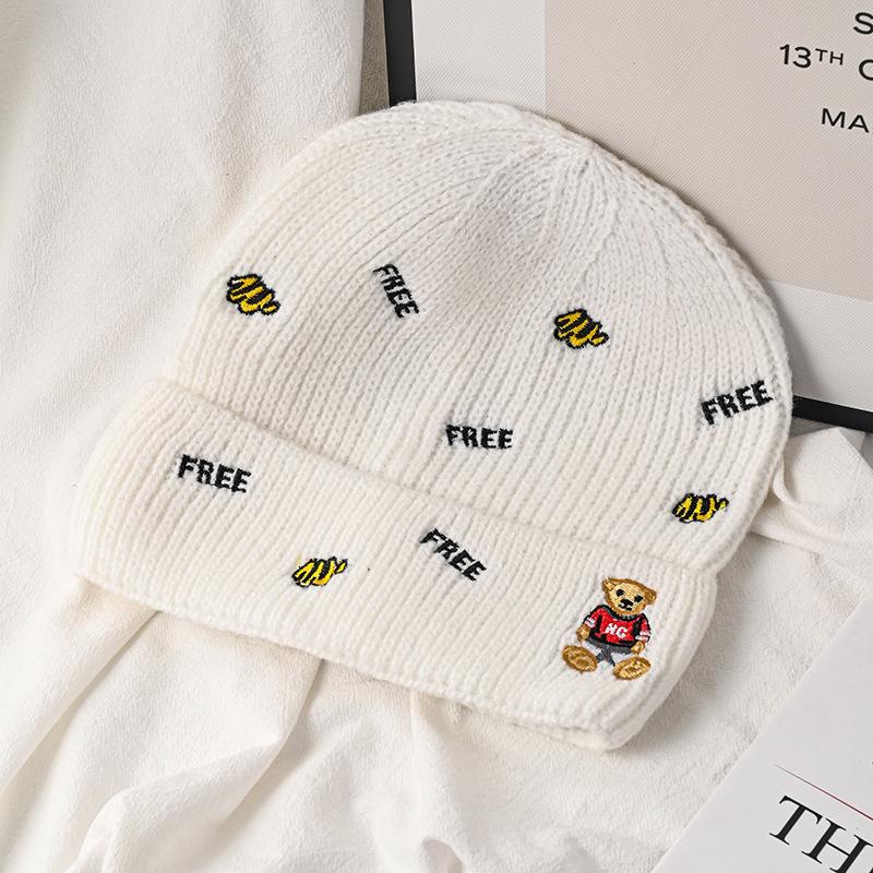 Hat Female Autumn and Winter Wool Hat Versatile Embroidered Letter Knitted Outdoor Riding Warm Cute Bear Pullover Hat