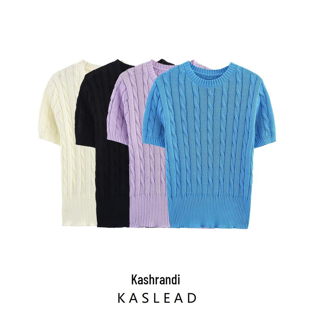 

Spring 2025 Women s European-American Style Eight-Strand Braid Knit Top - Slimming, Short Sleeve, Round Neck Small