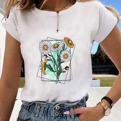 Summer Round Neck Flower Pattern Top Fashionable Casual Pure Cotton Short Sleeved Women's T-shirts
