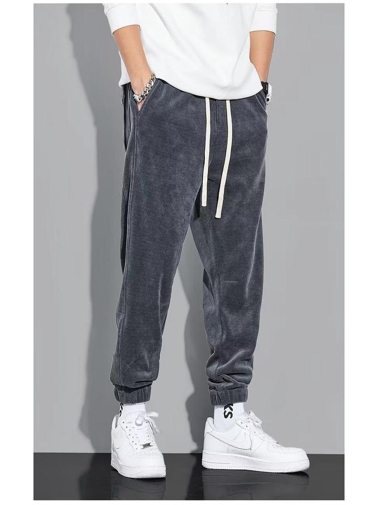 Men's Thickened Fleece-Lined Casual Pants, Drawstring Ankles, Loose Fit, Trendy Autumn/Winter 2023 Style.